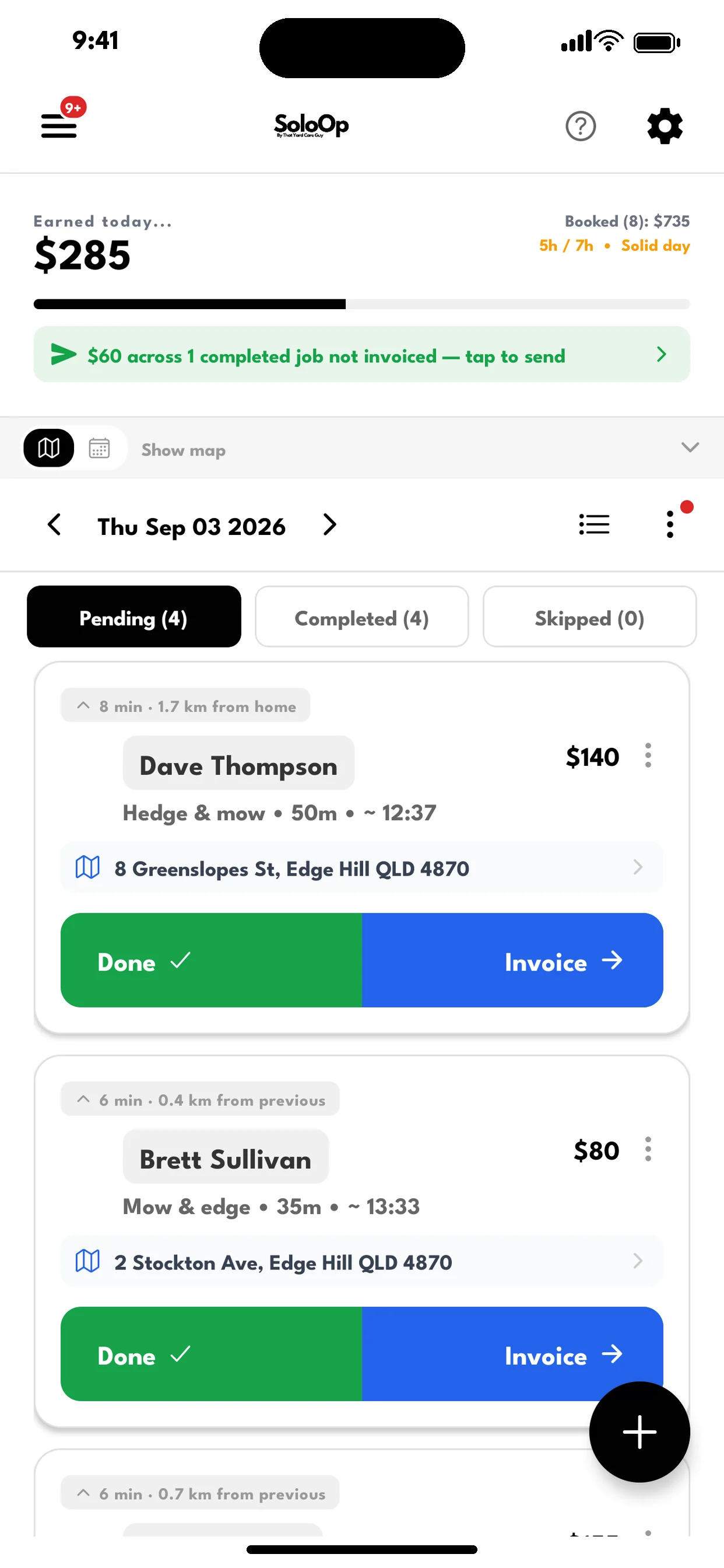 SoloOp daily run sheet — today's earnings and the day's jobs, ready to bill