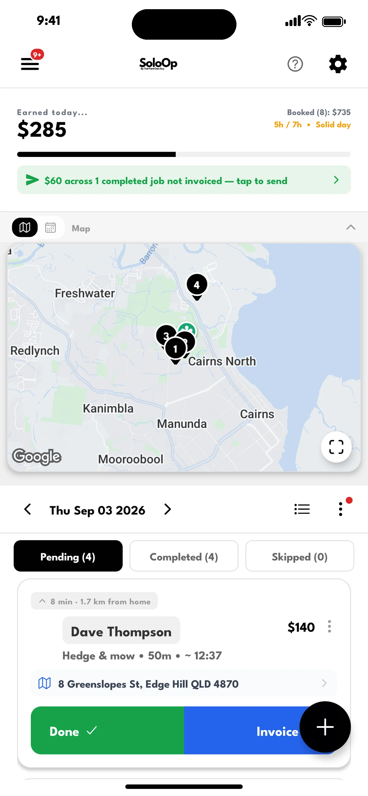 SoloOp live map — the day's jobs pinned in run order above the job list
