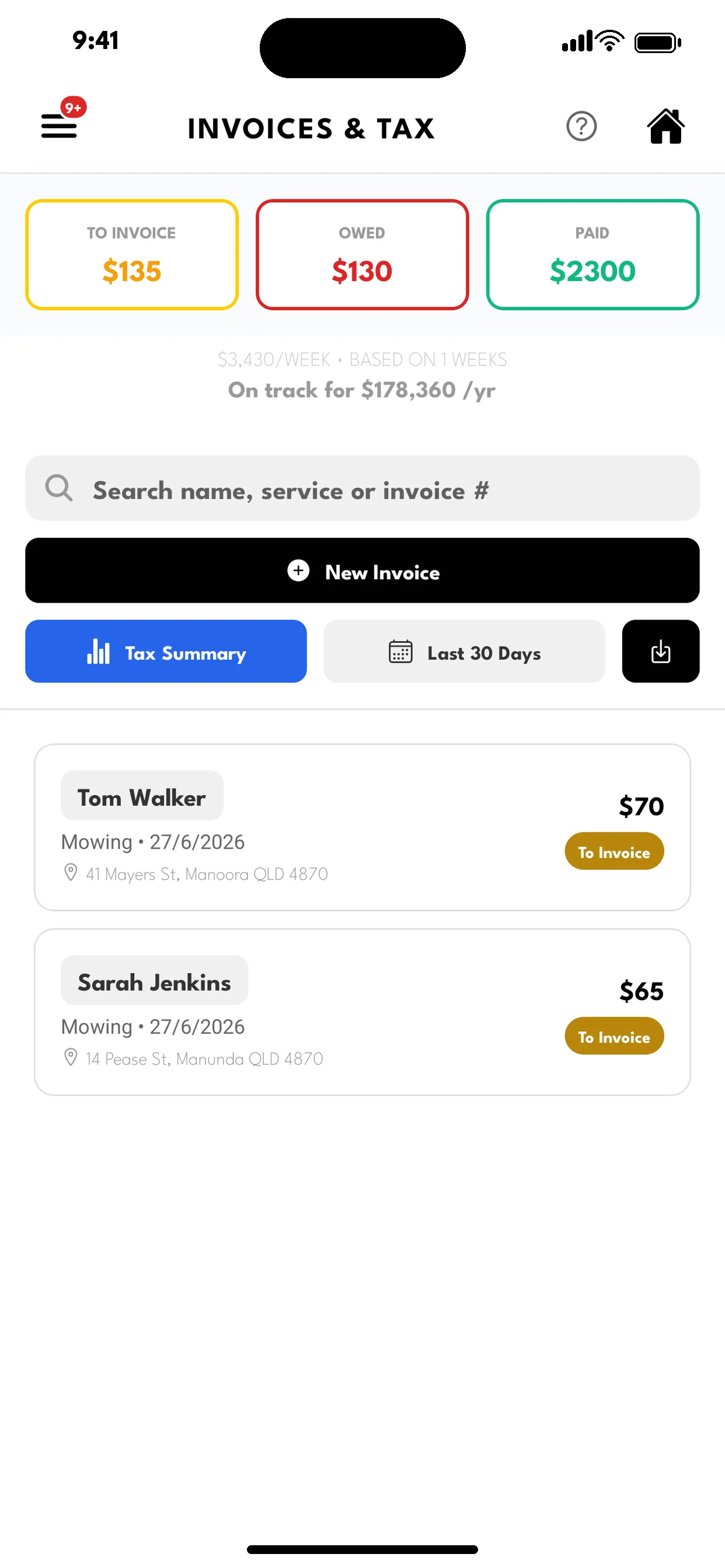 SoloOp invoices — what's to invoice, owed and paid at a glance