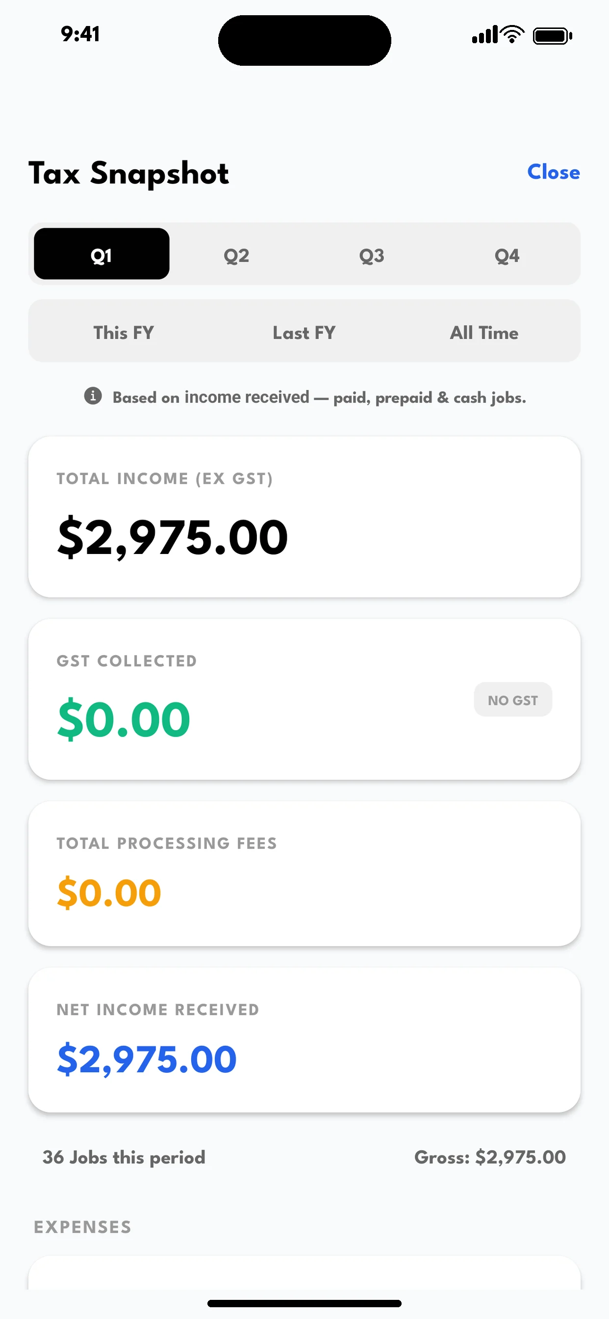 SoloOp tax snapshot — income, GST and fees by quarter